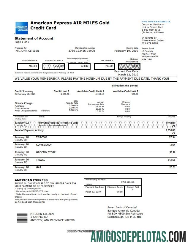 Modelo de extrato de conta de cartão de crédito Canadá American Express Air Miles Gold